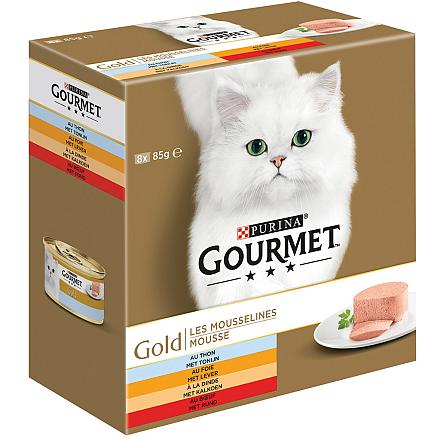 Gourmet kattenvoer Gold Mousse tonijn, kalkoen, rund 8 x 85 gr